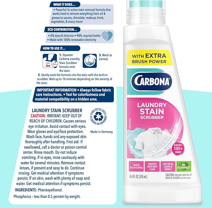 Carbona Laundry Stain Scrubber & Remover (8.4 Fl Oz), Extra-Strength Bio-Enzyme Formula, Brush-Top Applicator for Fiber-Deep Clean, Fast & Easy