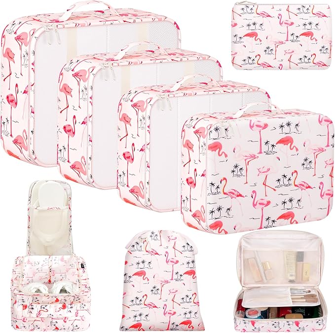 BAGAIL 8 Set Packing Cubes Luggage Packing Organizer Bags for Travel Accessories - Pink Flamingo