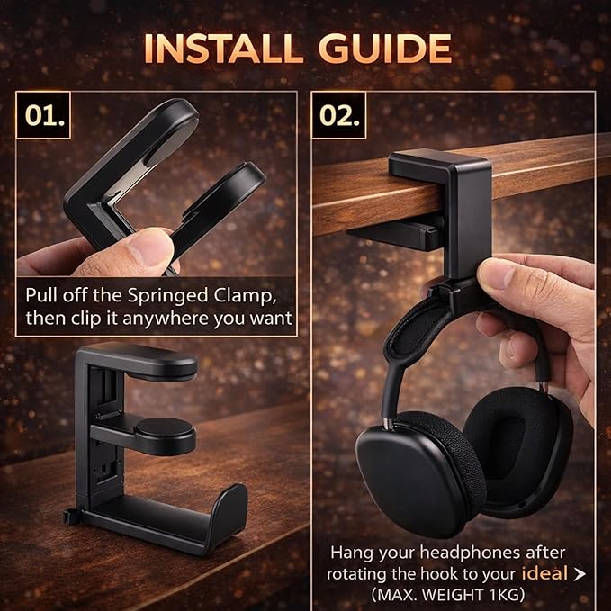 EURPMASK Rotating Headphone Stand - PC Gaming Headset Holder, Adjustable Clamp-on Under Desk Hanger With 360 Degree Swivel & Cable Clip Organizer - Black