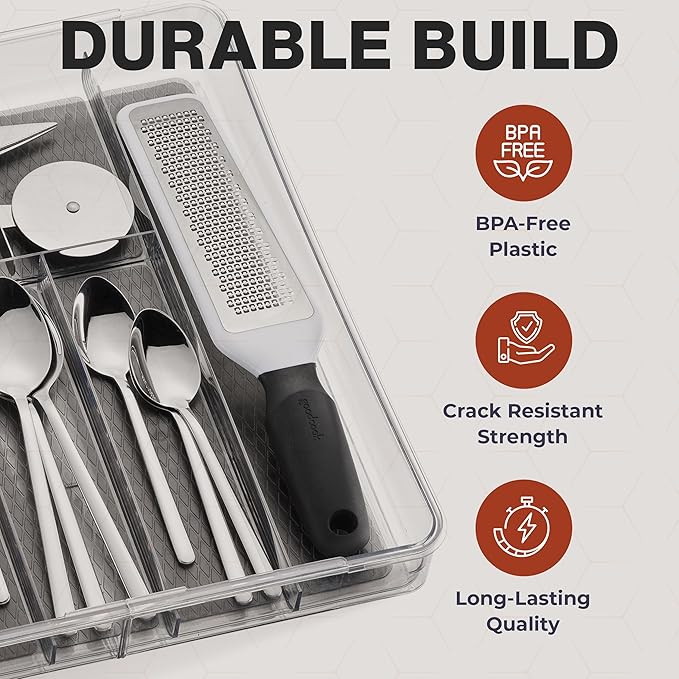 Masirs Expandable Utensil Drawer Organizer - BPA-Free Plastic Clear Silverware Tray with Multiple Compartments - Non-Slip Cutlery Storage for Kitchen, Bathroom, or Office Drawers (Grey)