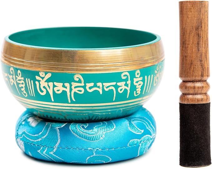 Tibetan Singing Bowl Set Brass - Master Healing Grade - Authentic Handcrafted Sound Bowl by Himalayan Bazaar (Turquoise)