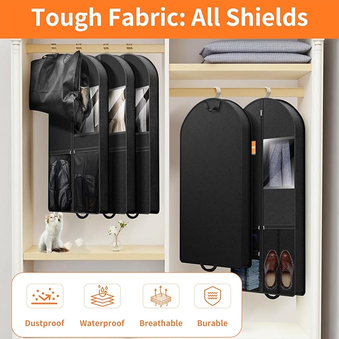 Garment Bag Travel Suit Storage: 43 Inch 3 Packs Fabric Breathable Zippered - Clothes Covers Carry Shoe Pockets Lightweight - Men Travel Wardrobe Protector Hanging Up Multiple
