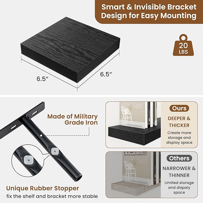 fuqing Floating Shelves for Wall, Wall Mounted Wood Floating Shelf with Invisible Brackets for Living Room, Bathroom, Bedroom, Kitchen Storage and Decor, 6.5 Inch Set of 3, Black