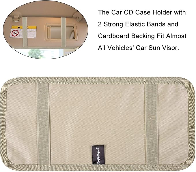 Car CD Case Holder, Wisdompro Vehicle Sun Visor Organizer for Cars with 12 DVD Storage Sleeves, 1 Mesh Pocket, 1 Pen Holder and Elastic Strap, Khaki
