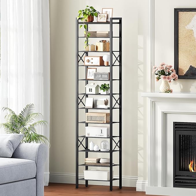 12-Tier Narrow Shoe Rack, Tall Shoe Rack for 12-24 Pairs, Slim Shoe Storage Organizer with Wooden Top, Space Saving, Metal Frame, for Entryway, Charcoal and Black SS61BC