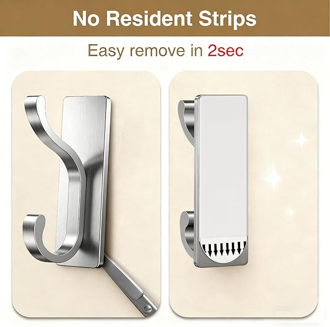 pickpiff Wall Hooks with Adhesive Strip - Easy to Remove, No Residue, Strong Heavy Duty Sticky Towel Hook, 8 Pack Silver