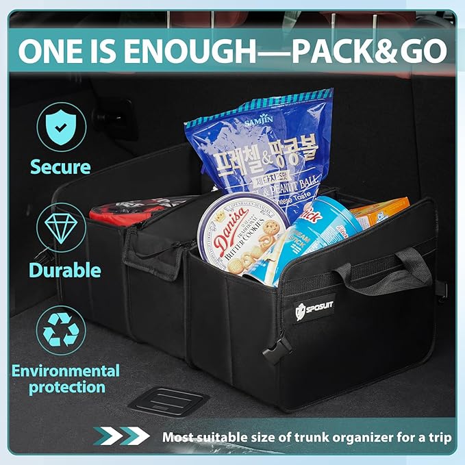 Sposuit Car Storage Trunk Organizer - Collapsible Trunk Organizer with Cooler for Grocery Cargo, Large Storage for Car, SUV, Sedan, Jeep