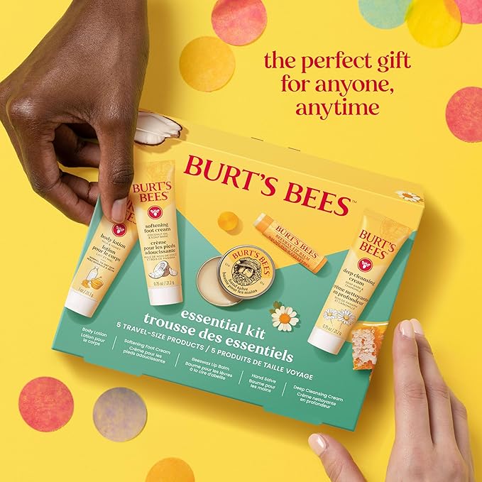 Burt's Bees Christmas Gifts - Essentials Everyday Set, 5 Travel Size Products for Stocking Stuffers - Deep Cleansing Cream, Hand Salve, Body Lotion, Foot Cream and Original Lip Balm