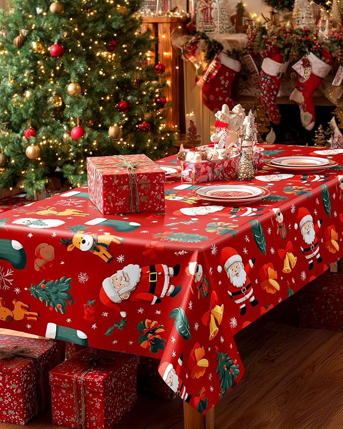 Pureegg Plastic Table Cloth Disposable 10 Pack, 54 x 108 Inch Table Cloths for Parties, Decorative Tablecloths for Rectangle Tables, Christmas Tablecloth Plastic, Leakproof & Sturdy, Christmas Red