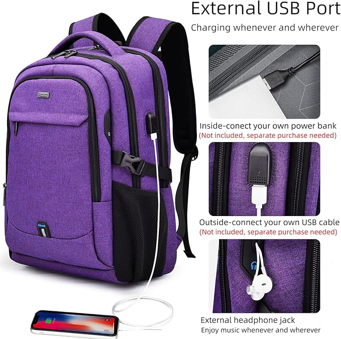 DUSLANG 17 Inch Laptop Backpack for Travel, Water Resistant College Backpack for Women, Laptop Bag with USB Charging Port, Work Backpack, Purple