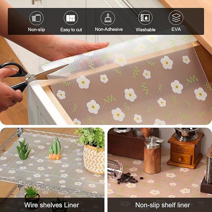 Cooyes Shelf Liner - Premium Non-Adhesive Cabinet & Drawer Liner for Kitchen - Waterproof Shelf Paper with Modern Pattern - Durable EVA Cabinet Mat - Easy to Cut (17.5" W x 360" L)