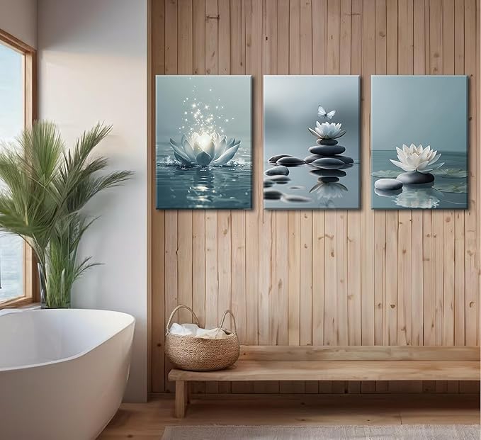 3Pcs Zen Stones Lotus Spa Canvas Wall Art White Lotus Blooming on Stones Painting Picture Wall Decor Modern Spiritual Poster Print Artwork for Yoga Meditation Spiritual Room Bathroom Home Decoration