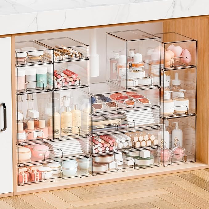 Yieach 2.2'' Tall Small Clear Stackable Storage Drawers,2 Pack Stacking Acrylic Organizers Drawers for Hair Accessories,Makeup,Pen,Art Crafts,Office Supply Organizer and Desktop Plastic Mini Drawers