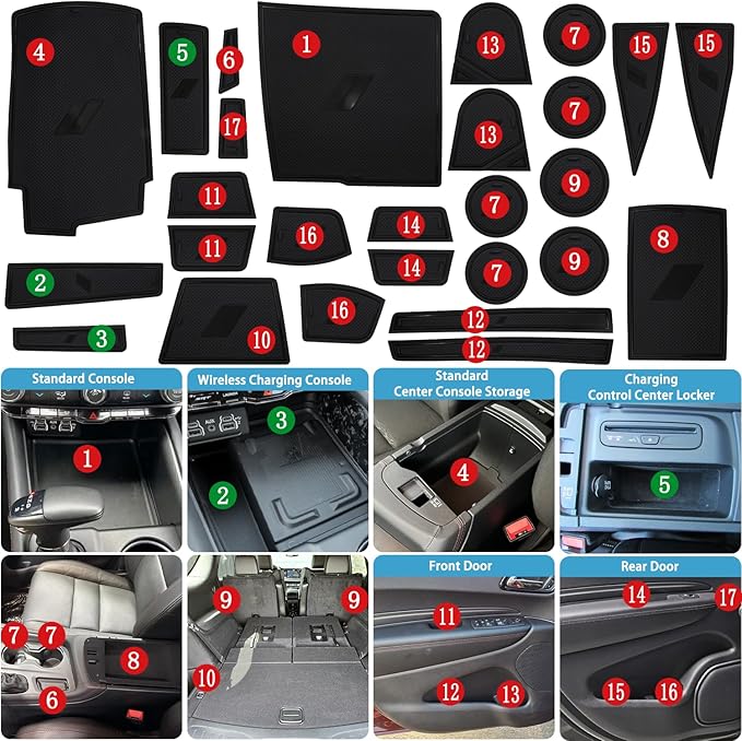 Center Console Liner for Dodge Durango 7-Seater Accessories 2021-2023 2024 2025 2026, Cup Holder Mat, Door Slot Pad, Coaster Trim, Non-Slip Dust Interior, Custom Rubber Insert (27pcs, Black)