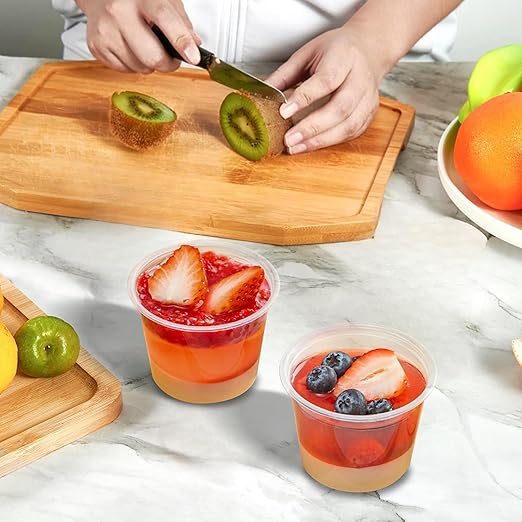 TashiBox Plastic Portion Cups with Lids [5.5 oz-100 Sets] Souffle Cups, Jello Shot Cups, Condiment Sauce Containers For Sampling, Sauce, Snack or Dressing