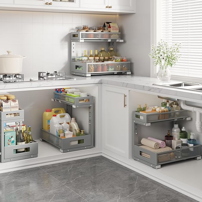 Biboraya 2-Pack Under Sink Storage Organizer, Large 2-Tier Elegant Mesh Pull Out Shelf for Kitchen and Bathroom Cabinet Organization, L-Shaped and Adjustable Height Design-Gun Gray