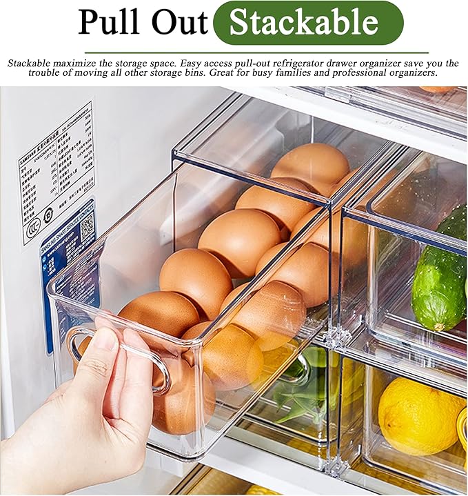 bealy 2 Pack Fridge Organizers and Storage with Pull out Drawer, Stackable Storage Drawer, Clear Refrigerator Organizers, BPA-Free for Kitchen Cabinet Pantry, 3.14QT