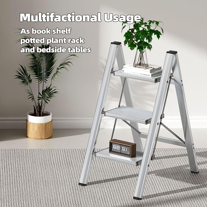HillhutApex 3 Step Ladder, Lightweight Portable 3 Step Stool with Anti-Slip Wide Pedal,330lbs Capacity Aluminum Ladder for Household,Office,Library(Silver)