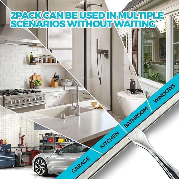 ALFLOD 2PACK 12-Inch All-Purpose Shower Squeegee for Shower Doors, Tile Shower Walls, Bathroom, Window, Glass and Car Windshield, Mirrors and Kitchen-Stainless Steel, Silver