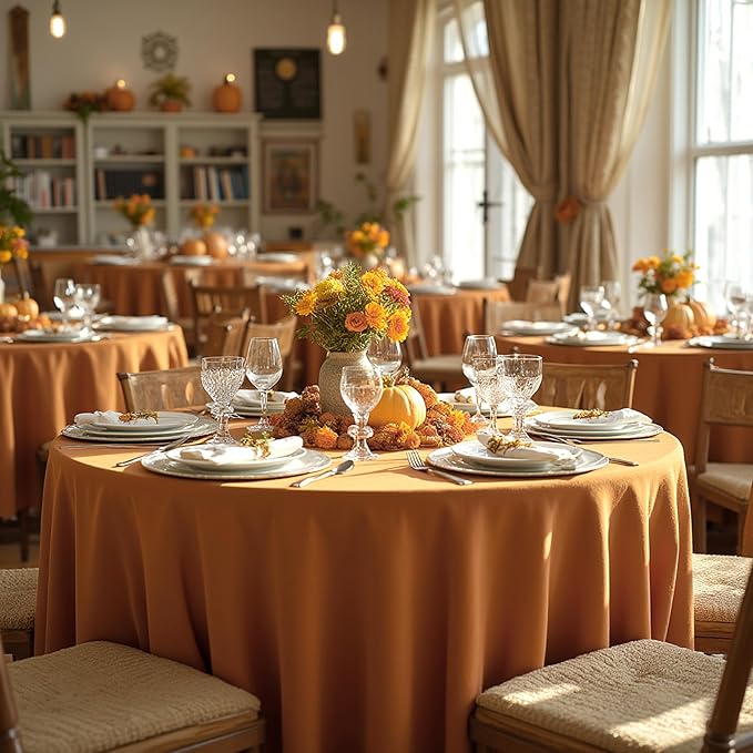 sancua Thanksgiving Round Tablecloth 108 Inch Diameter, 6 Pack Bronze, Circle Polyester Fabric Light Brown Fall Table Cloth Cover for Harvest Wedding Party Reception Banquet (Fit 42-96 Inch Tables)