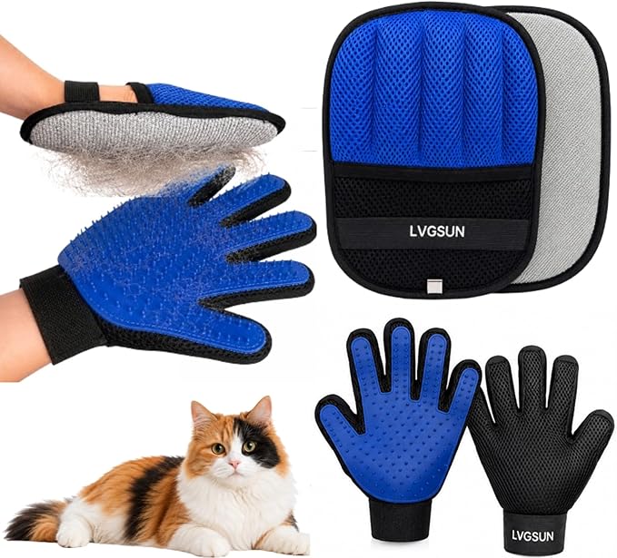 Cat Grooming Gloves for Shedding – Pet Hair Remover Set with Self-Cleaning Mitt – 2 Grooming Gloves + 1 Reusable Pad for Cats & Dogs – Long & Short Hair Deshedding
