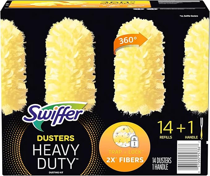 Swiffer 360 duster handle with refills, plastic handle, fleece fiber head, yellow, 14 count