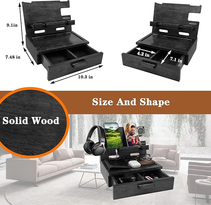 Gifts for Him Husband Boyfriend Son Men Nightstand Organizer Wood Phone Docking Station Birthday Gifts (Black)