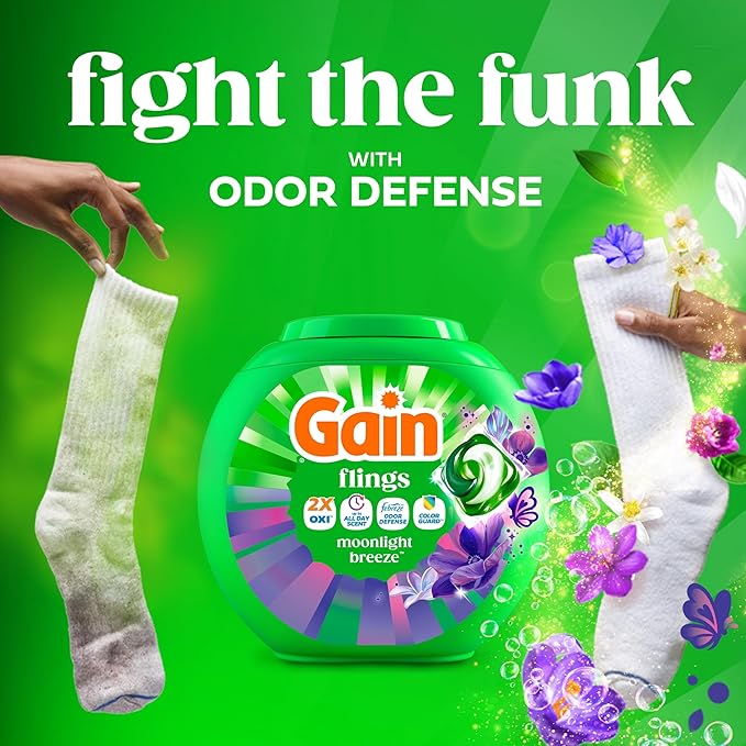 Gain Flings Liquid Washing Detergent Pods with Odor Defense + Color Guard, Moonlight Breeze Scent, 4-in-1 Liquid Laundry Detergent Pacs, Clean & Fresh, 42 Count (Packaging May Vary)
