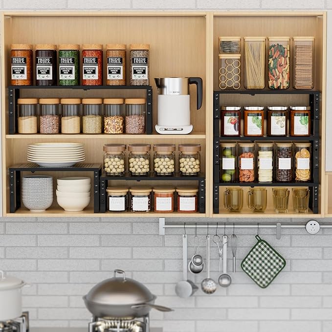 Expandable Spice Rack Kitchen Cabinet Shelf Organizer, Stackable Storage Shelves Racks, Adjustable Counter Shelving for Cabinets, Countertop, Cupboard, Pantry and More (1 Pack/Black/Large)