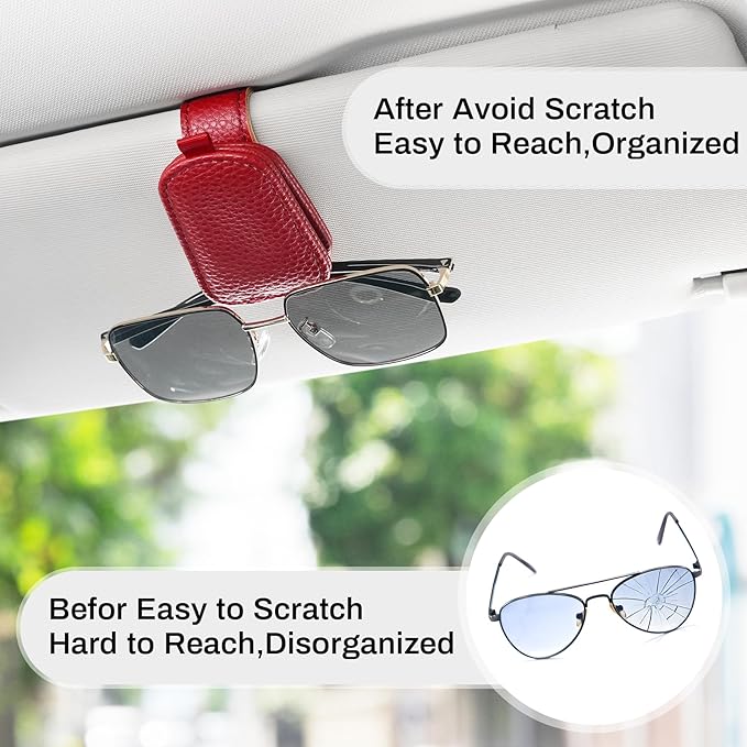 SINGARO Sunglasses Holder for Car, Leather Magnetic Buckle Sun Visor Sunglass Clip, Ticket Card Storage Glasses Clip, Car Interior Accessories for Men and Women (Red)