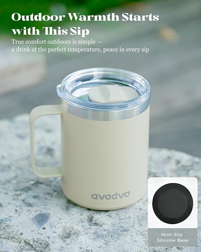 12oz Insulated Coffee Mug with Lid – Includes Two Lids, Stainless Steel Coffee Travel Mug with Handle, Double Wall Vacuum Insulated Camping Mug for Home, Office & Outdoor, Brown