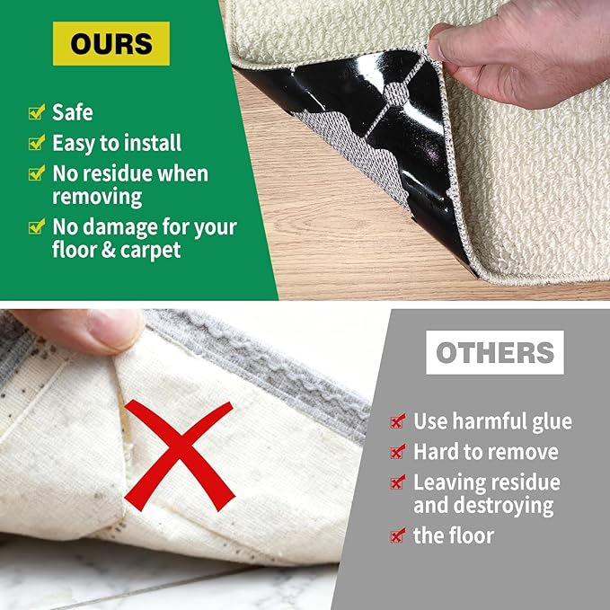 FLUOTINE 48 PCS Carpet Tape, Non-Slip Carpet Pads for Area Rugs on Hardwood Floors, Laminate, Tile, LVP Floors, Reusable and Removable Rug Corner Pads with No Residue