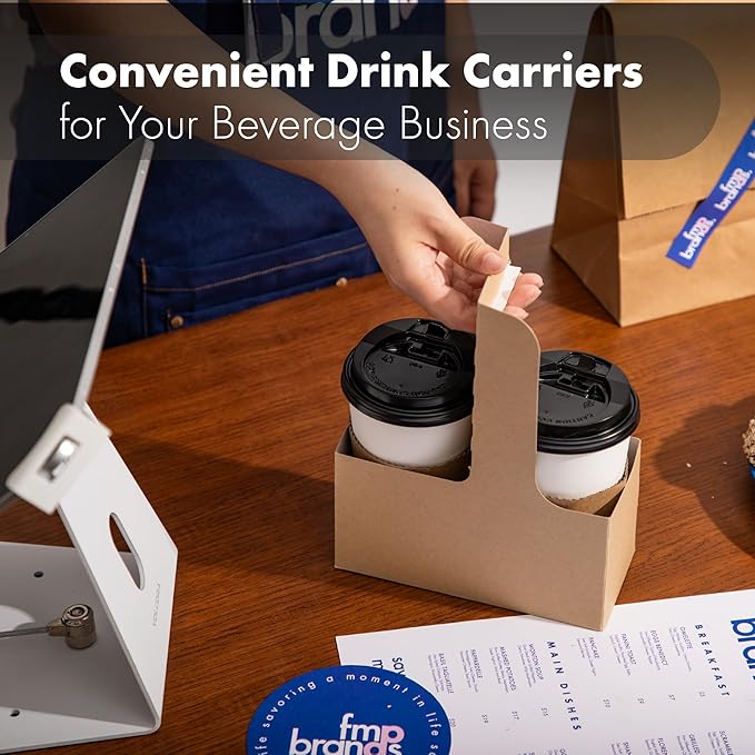 FMP Brands 2 Cup Disposable Drink Carrier with Handle, 60 Pack Kraft Paperboard Handled Drink Carriers 12-30 oz to Go Coffee Cup Holder, Cup Carrier for Cold Hot Drinks, Valentine Mother's Day
