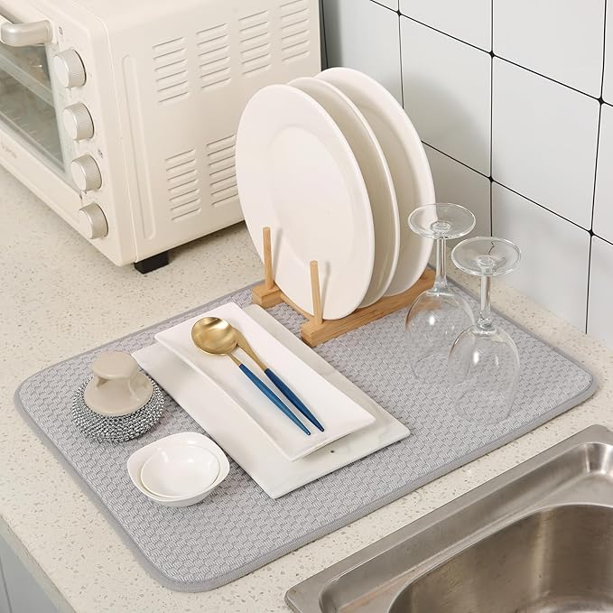 VESHE 2 Pack Microfiber Dish Drying Mat for Kitchen Counter, Ultra Absorbent Dish Drainer Mat, Dish Drying Pad, Dish Rack Mat 20×15 Inch (Silver Gray)