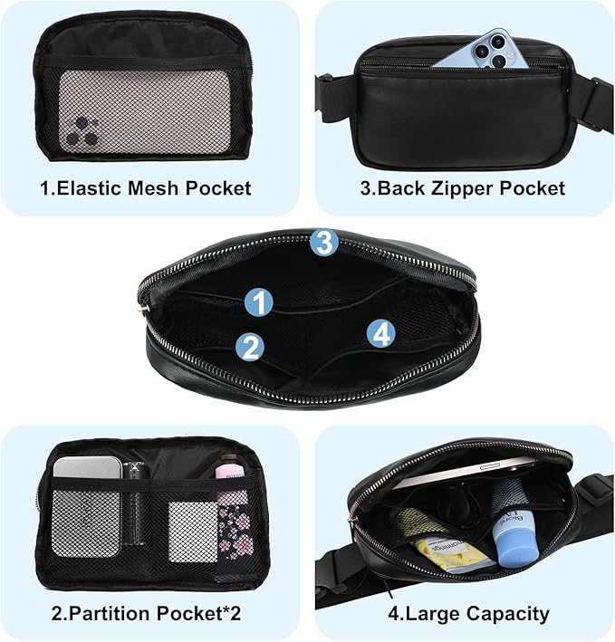 VOROLO Fanny Pack For Women And Men Crossbody Bag Belt Bag with Adjustable Strap Graduation Gifts PU Black