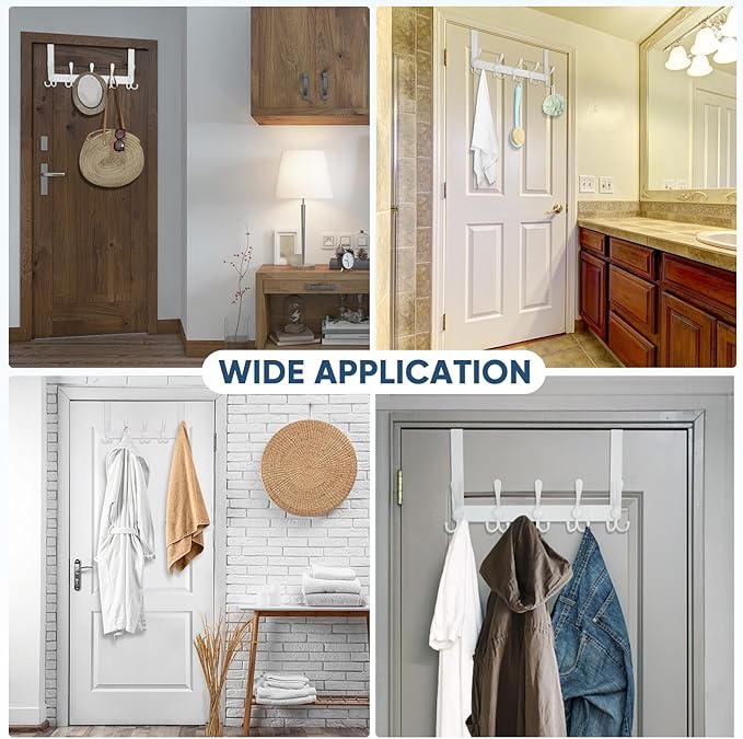 TICONN Over The Door Hooks, 5 Heavy Duty Tri Coat Rack All Metal Coat Hanger for Bathroom Bedroom Dorm (White, 2PK, Fit 1-3/4" Doors)