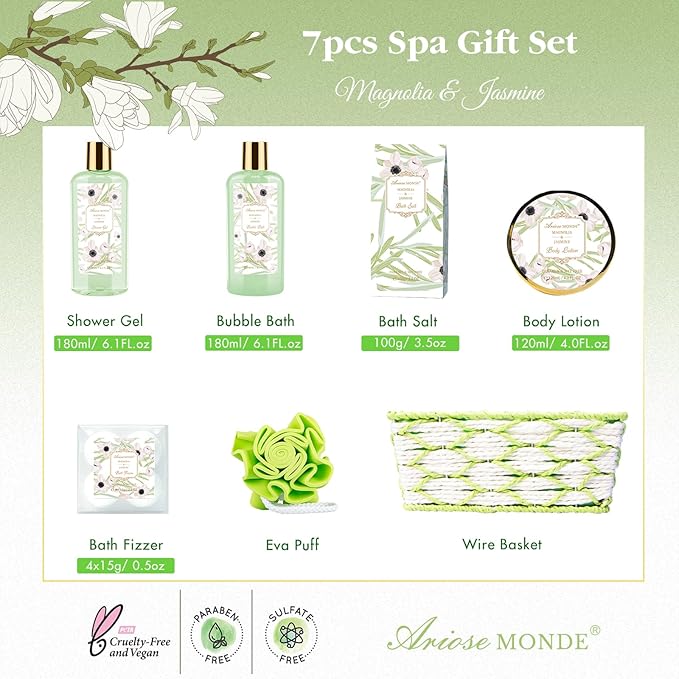 Spa Gifts for Women, Bath Sets, 7Pcs Spa Gift Set w/Shower Gel, Bubble Bath, Bath Salts, Bath Bomb, Body Lotion, Christmas Gifts for Women, Magnolia & Jasmine Bath Set