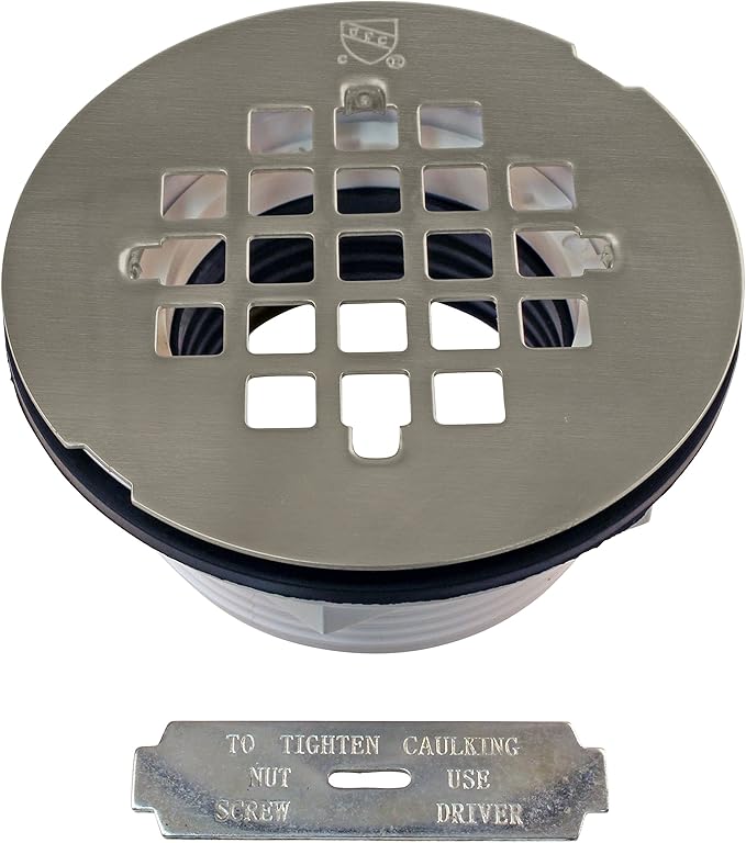 Westbrass A206P-07 2" No-Caulk PVC Compression Shower Drain with 4-1/4" Round Grid Cover, Satin Nickel