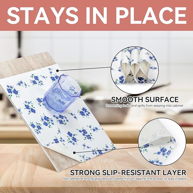 RAY STAR Shelf Liner, Non-Adhesive Blue Floral Kitchen Cabinet Liner for Pantry Drawer Vanity, Strong Grip Non-Slip, Shelf Liners for Cupboard 18 Inch x 8 FT (10 Rolls) Signature Delivery