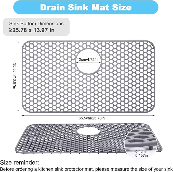 Silicone Sink Mat 25.78"x 14" Heat Resistant Sink Protectors for Kitchen Sink Bottom, Non-Slip Faucet Mat for Stainless Steel（Rear Drain）
