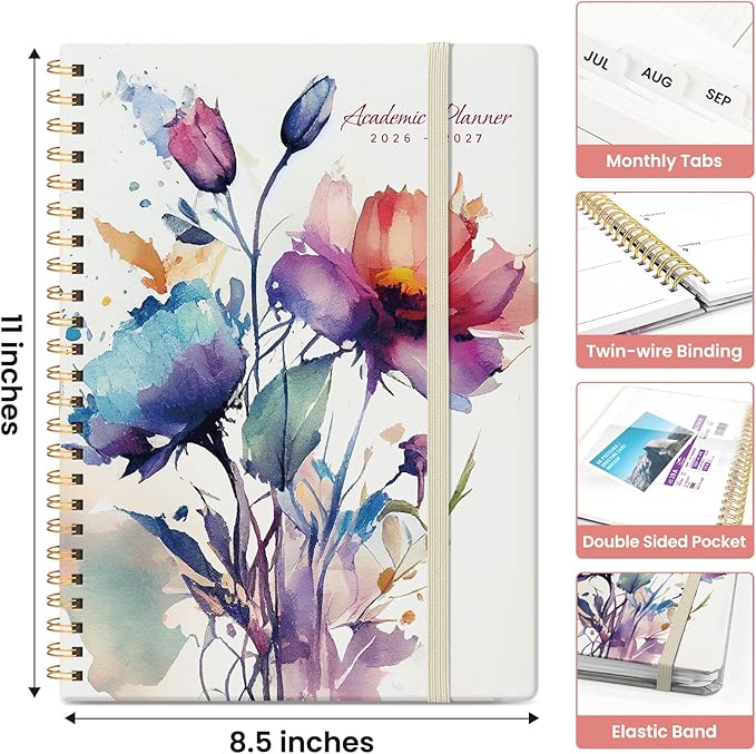 Planner 2026-2027, Academic Monthly and Weekly Calendar Planner for Women, July 2026 - June 2027, Hardcover Pretty Agenda Planner Book with Tabs, Spiral Daily Organizer for School Office Home Supplies, 8.5" x 11" - Painted Bloom