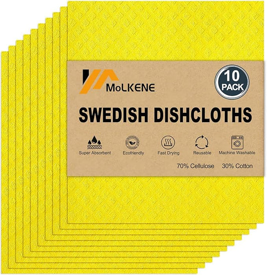 MoLKENE Swedish Dishcloths for Kitchen | 10 Pack Absorbent Cellulose Sponge Cloths Washable | Non-Scratch Reusable Paper Towels Quick Drying Cleaning Rag - Yellow