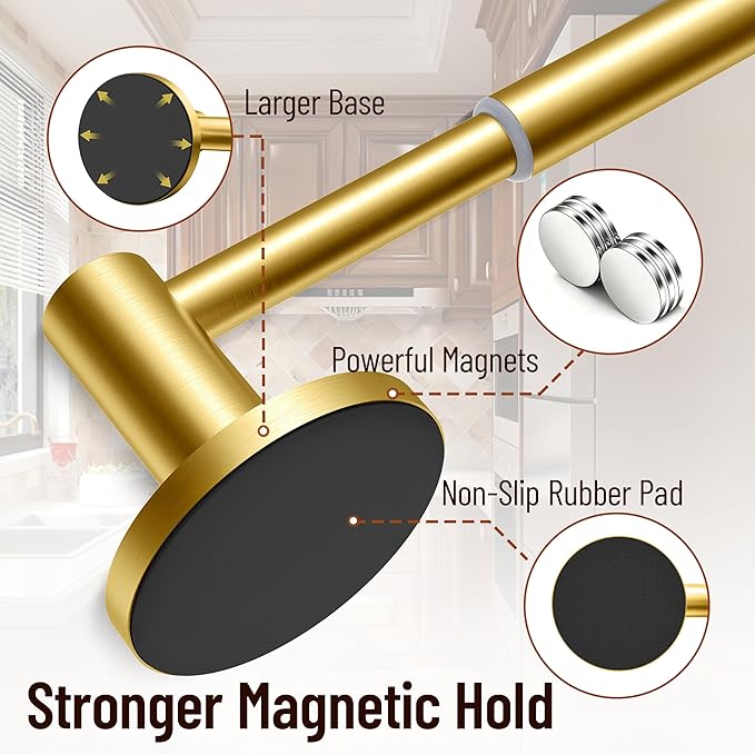 Magnetic Towel Bar, Adjustable Towel Rod with Larger Magnetic Base & Hidden Magnet Design, Non-Slip Magnetic Towel Holder for Refrigerator, Dishwasher, Oven, Washer (Brushed Gold, 2Pack)