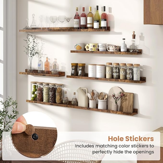 Fun Memories Picture Ledge Shelves, Set of 2, 32 Inch Rustic Wall Mounted Floating Shelves with Lip for Home Storage and Decor in Bathroom, Kitchen, Nursery, Bedroom, Living Room, Brown