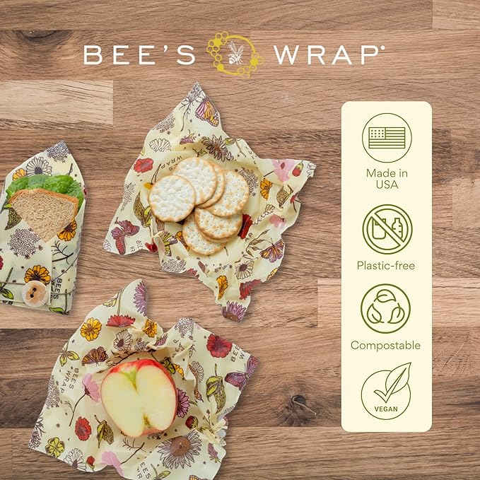 Bee's Wrap Vegan Beeswax Wraps for Food - Vegan Meadow Magic 3 Pack (2M 1 Sandwich) Made in USA Reusable & Organic Food Wraps, Sandwich Wrap - Eco-Friendly Alternative to Aluminum Foil & Plastic Wrap