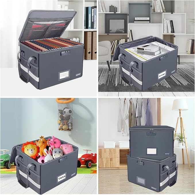 ENGPOW File Box with Lock, Fireproof Document Box with Pockets, Collapsible File Organizer Filing Storage Cabinet with Handle, Portable Home Office Safe for Hanging Letter/Legal Folders, Gray, 2 Pack