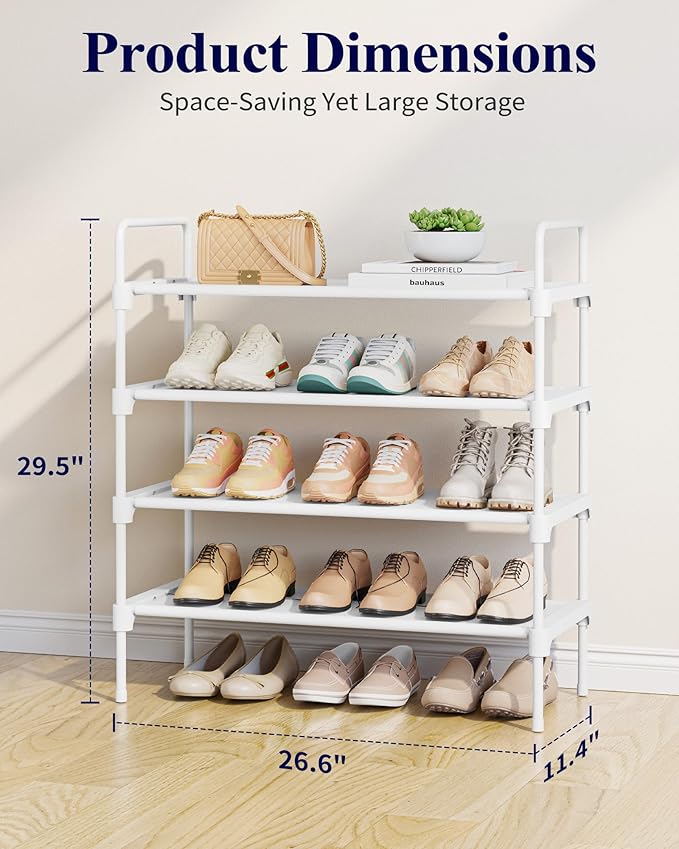 Kitsure Shoe Rack - 4-Tier Shoe Organizer with Handles & Non-Slip Feet, Rust-Resistant Metal Shoe Rack for Closet, Entryway, Bedroom, Living Room, 26.6" Wide - 4 Tiers, White