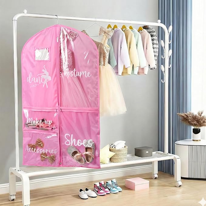DEEKA Dance Garment Bag for Hanging Clothes with Zipper Pockets Dance Accessories Essentials Uniform Costume 40 Inch Dress Bags for Dance Competition Girls (Pink,White-Dance)