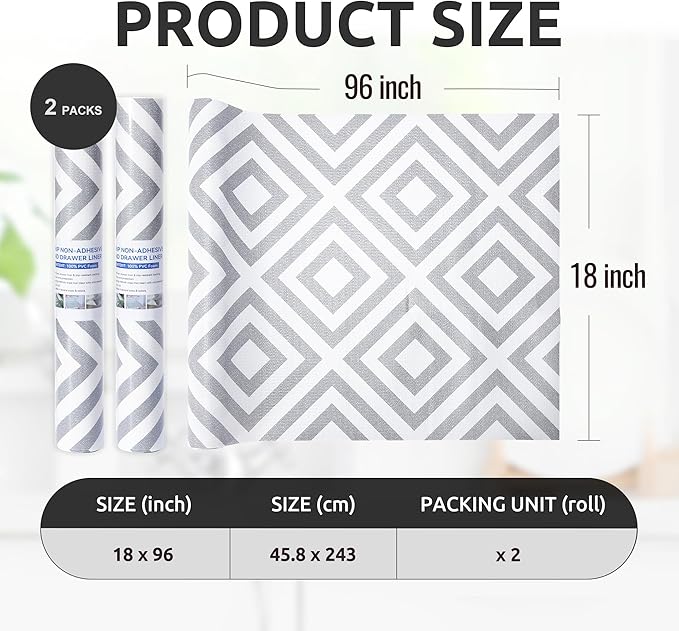 RAY STAR 18X96 Inch Shelf Liner for Kitchen Cabinets, Non-Adhesive Cabinet Liner Washable, PVC Drawer Liner for Dresser Non-Slip Bathroom (Modern Grey)(2 Roll)