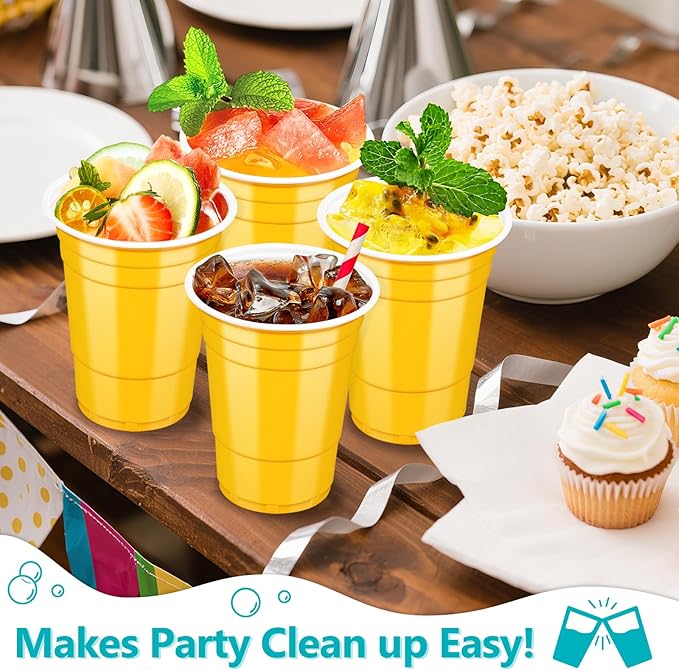 LANLISA 100 Yellow Plastic Cups, 16 oz Disposable Cups, Drinking Cups For Party Supplies
